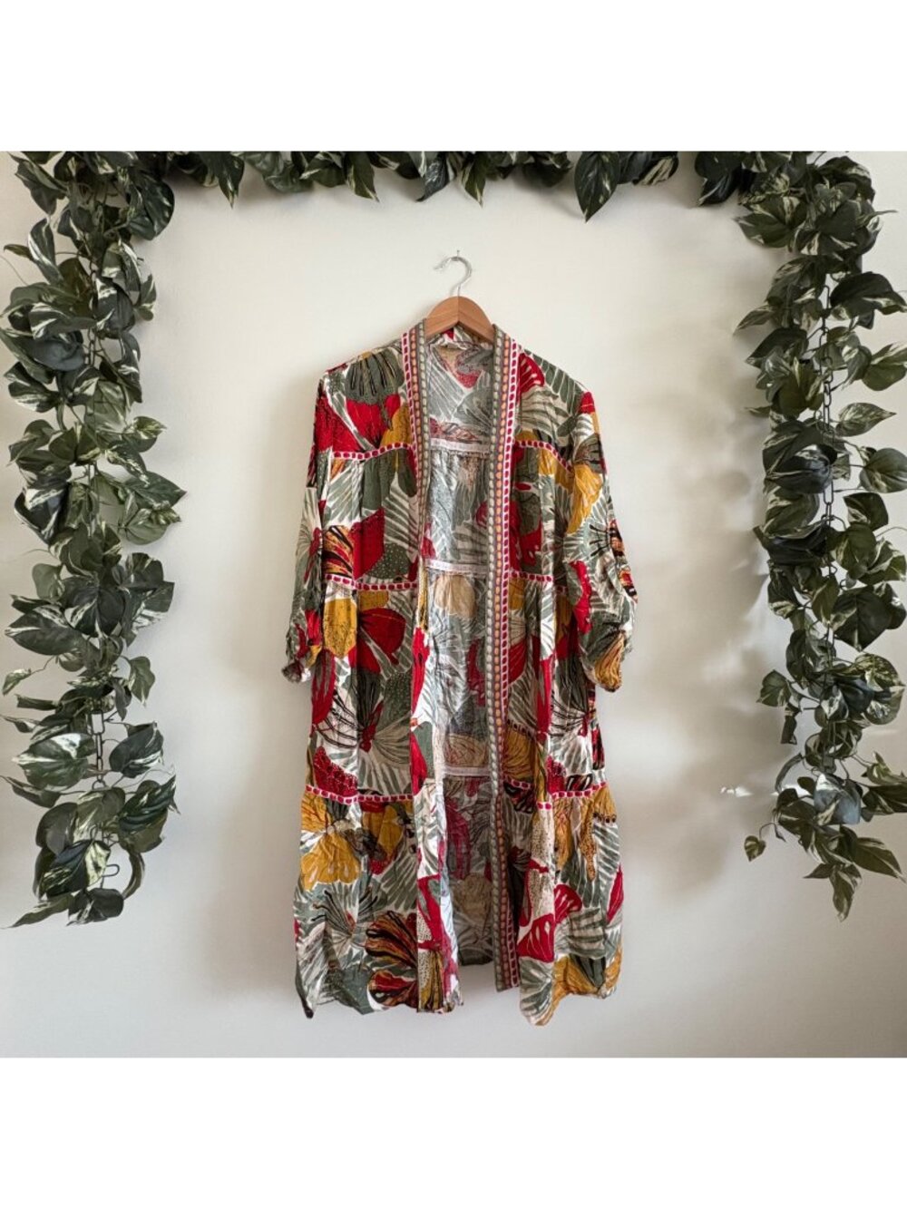 Cato Embroidered Tiered Open Midi Duster Cardigan Butterfly Multi Size M